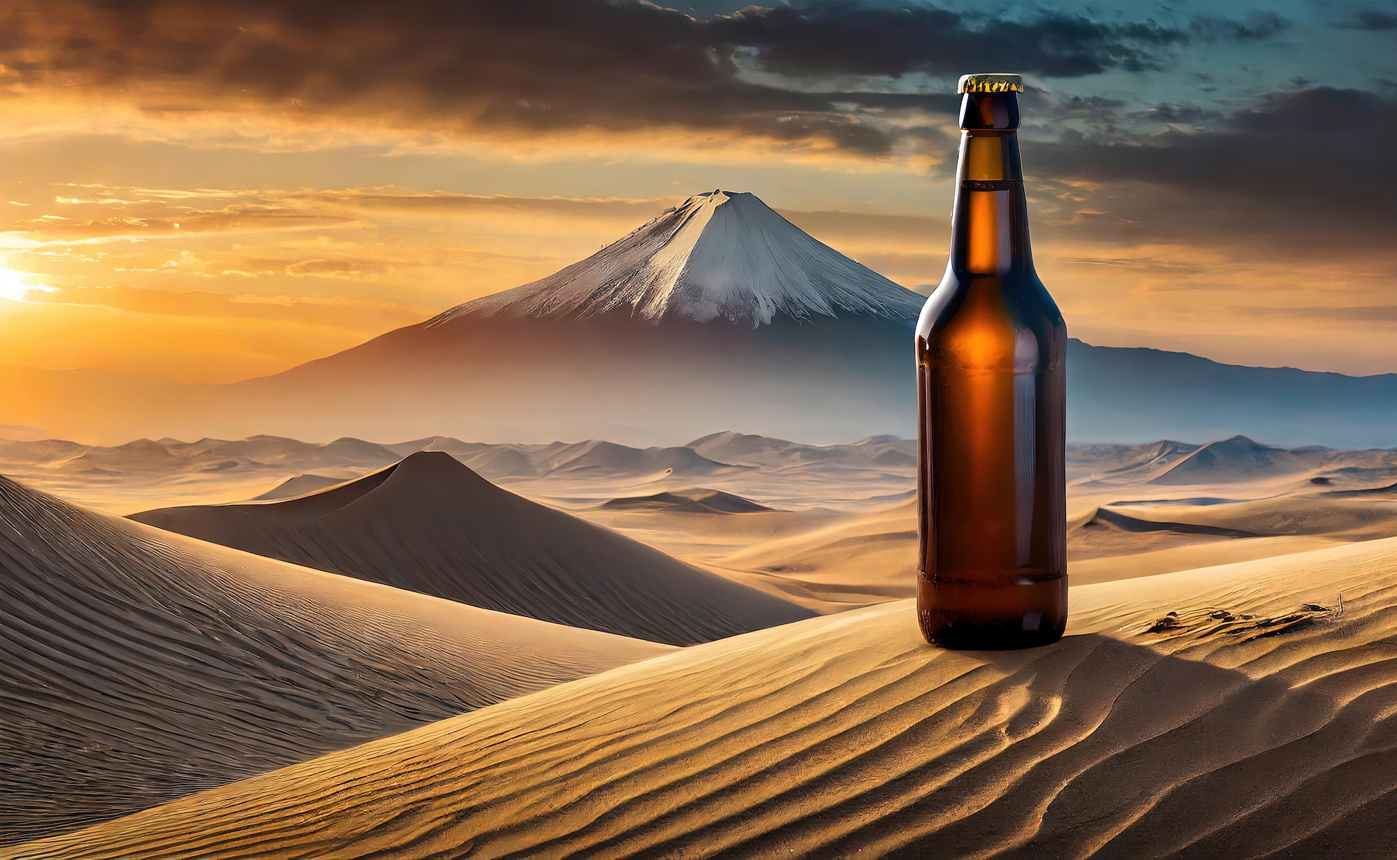 Glass beer bottle in the desert – beer bottle on the sand with no label (unlabeled) for product mockup template