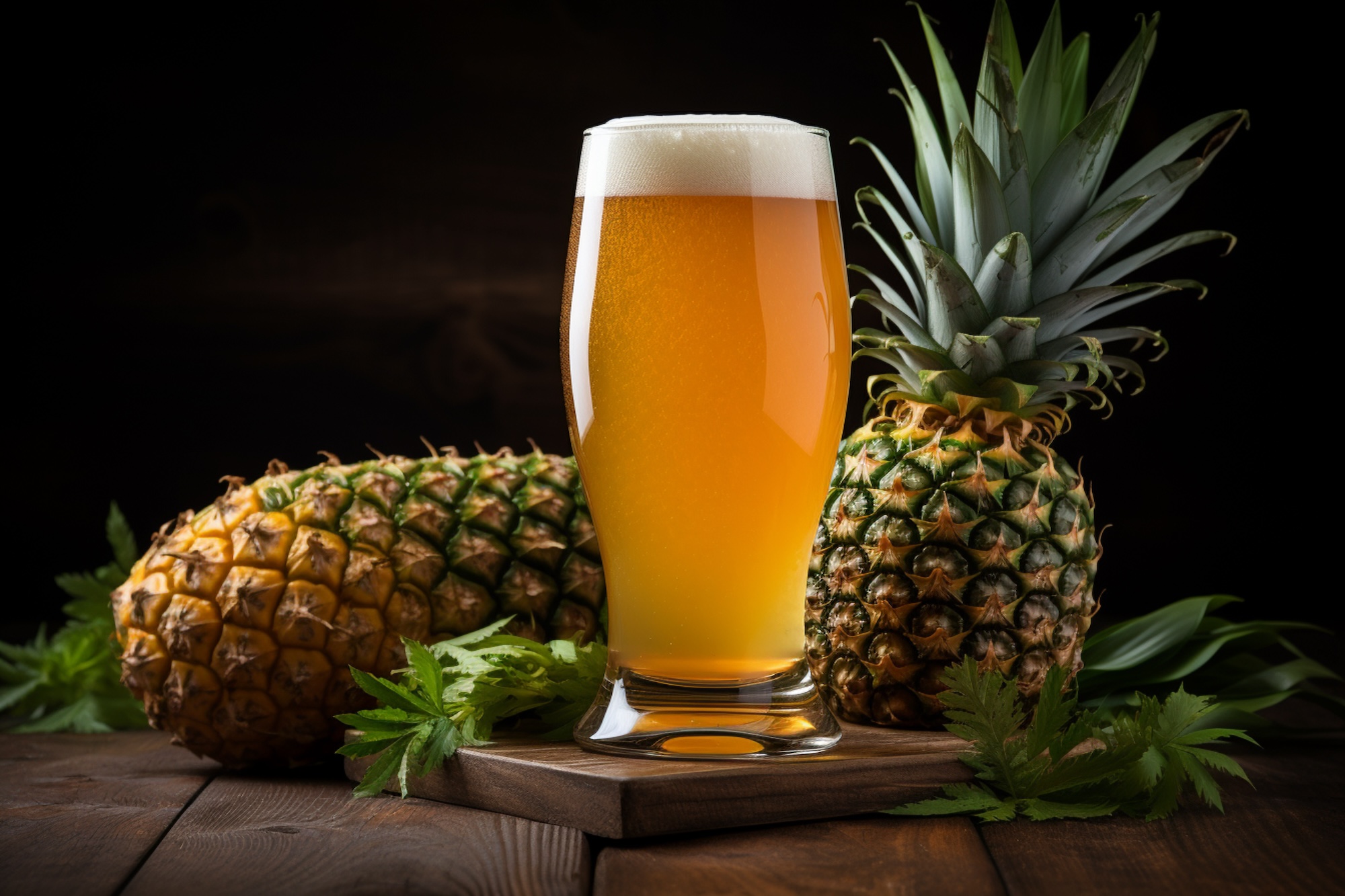 Beer glass with Raw material hops and pineapple for beer fermentation. Concept beer craft. beer homemade.
