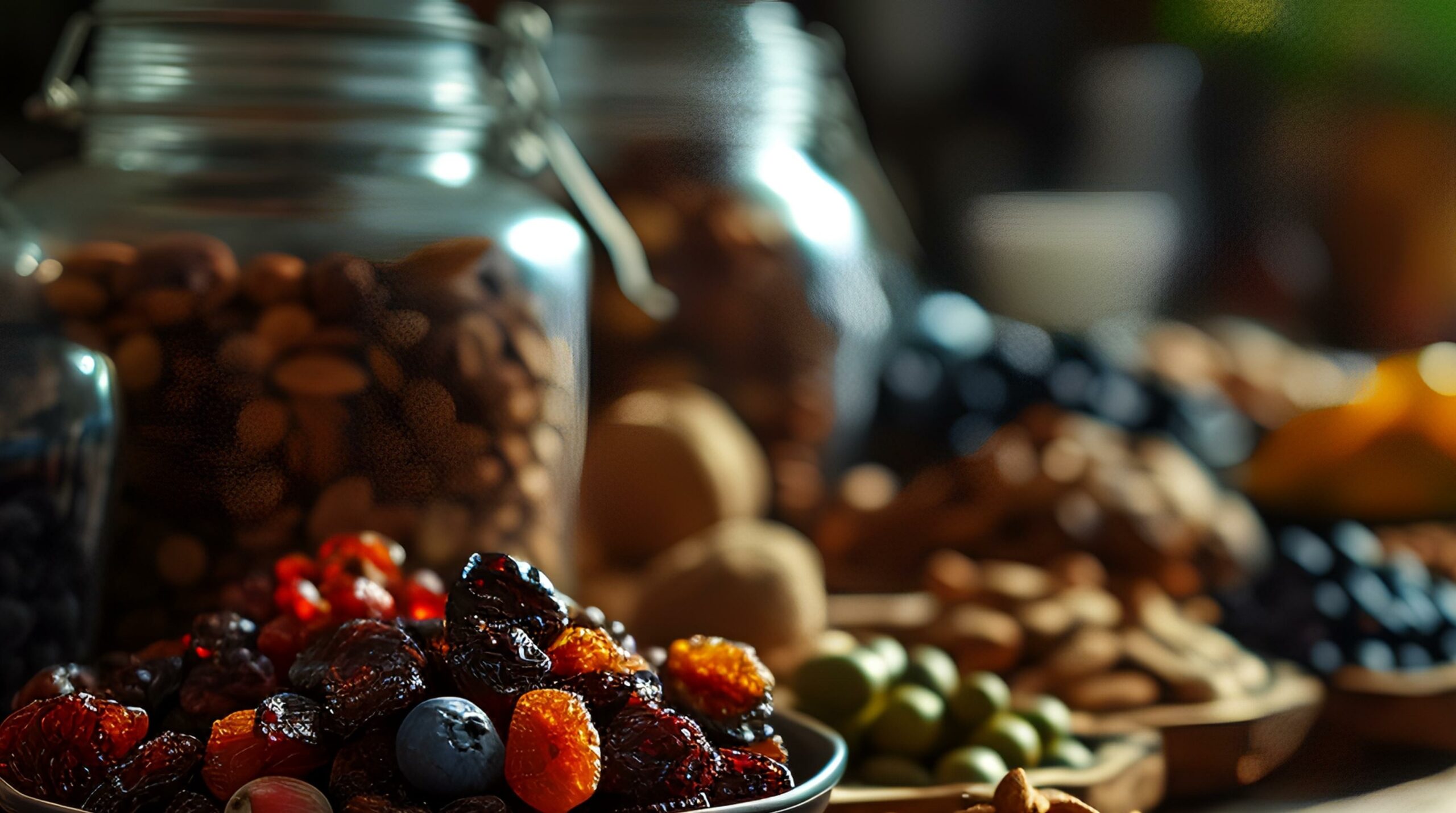 Healthy food. Assortment of dried fruits and nuts on a wooden table