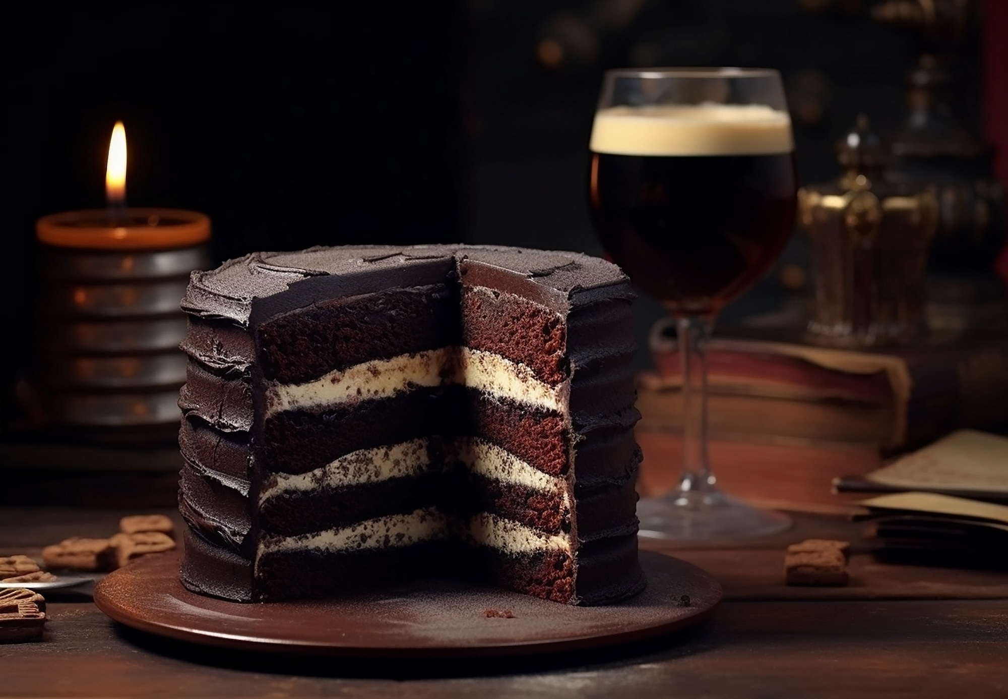 Delicious and dark gothic cake with black chocolate and black beer
